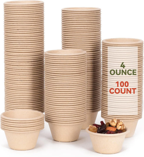 Gere Disposable Testing Cup Bowls, 100 Pack, 4 oz Natural Biodegradable Bagasse Fiber Souffle and Measuring Cups