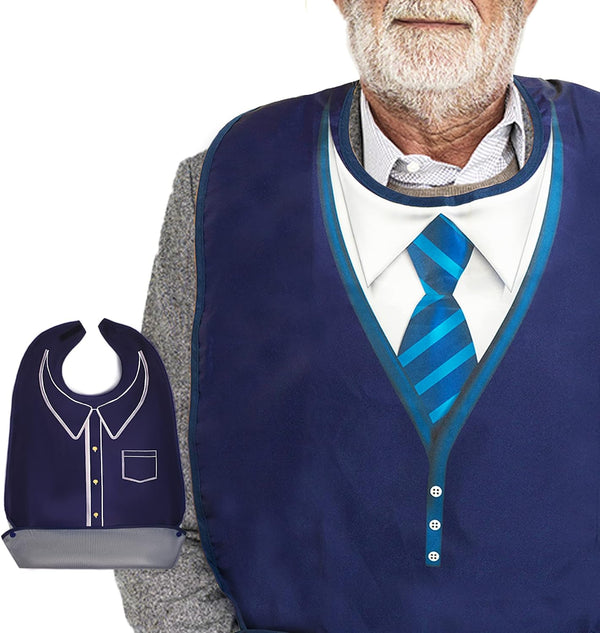 Adult Bibs for Men, Wipe ‘n Wear Clothing Protectors for Eating, Waterproof, Reusable, Washable Crumb Catcher (Blue Tie)