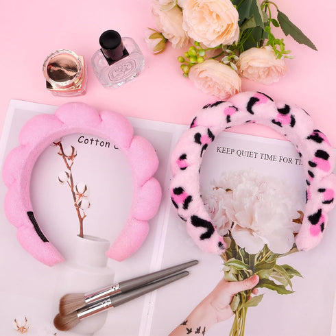 Wecoe 2pcs Skincare Headband for Face Washing - Cute Pink Black Cheetah Printed Hair Accessories