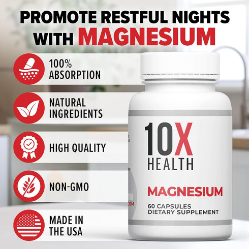 10X Health Magnesium Citrate Capsules for Sleep, Muscle Function, Stress, 60 Capsules