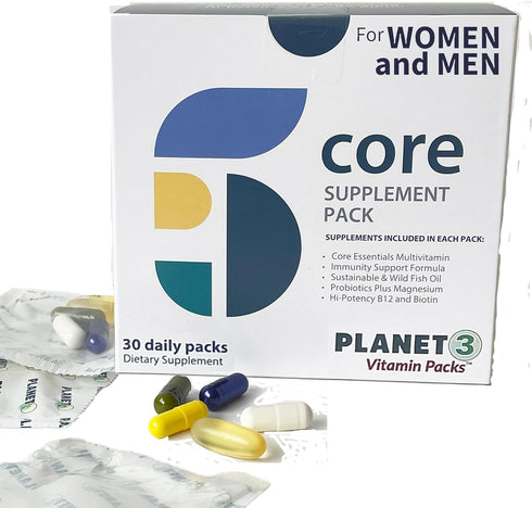 Planet 3 Vitamin Packs, Energy, Immune & Heart Support with Multivitamin, 30 Daily Packs for Men & Women