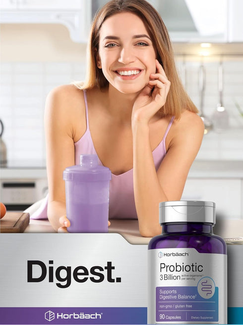 Horbaach Probiotic for Women & Men's Digestive Health | 3 Billion CFU | 90 Capsules | Non-GMO & Gluten Free