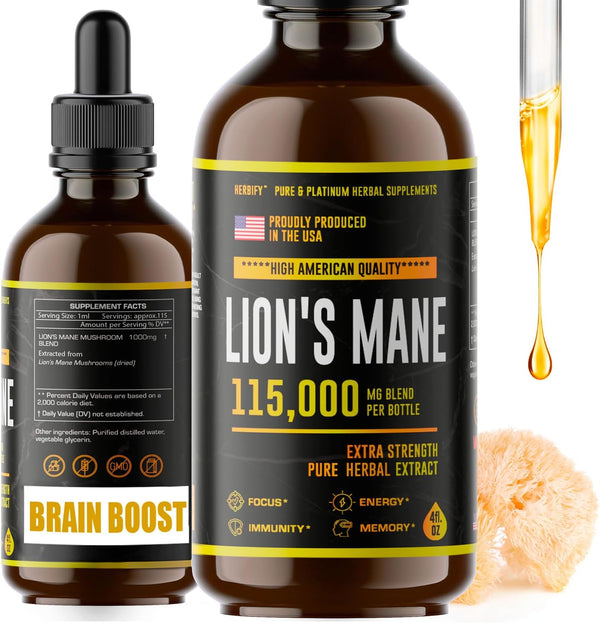 Lions Mane Supplement, 4 Fl oz, Daily Mushroom Supplement for Memory, Focus & Clarity, Vegan & Organic