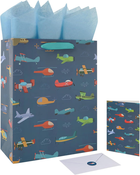 wishinside 13 Large Helicopter Plane Gift Bag Set with Handles, Greeting Card, Tissue
