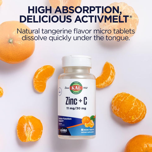 KAL Zinc Plus C, Instant Dissolve Vitamin C and Zinc, Natural Tangerine Flavor, 90 Servings, 90 Micro Tablets
