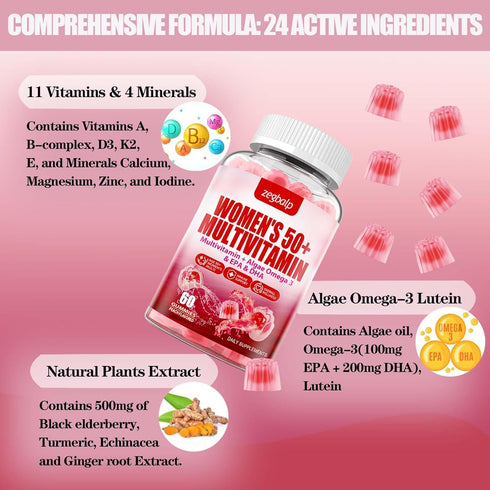 ZEGBALP 50 Gummies D3, K2, Immune Sugar-Free Womens Multivitamin Plus with Calcium, Magnesium, Zinc, Vitamin A, C, E, B