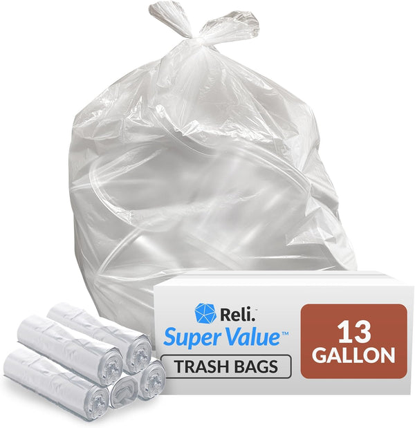 Reli. SuperValue 13 Gallon Trash Bags, 250 Count, Tall Kitchen Can Liners, Clear Multi-Use Garbage Bags