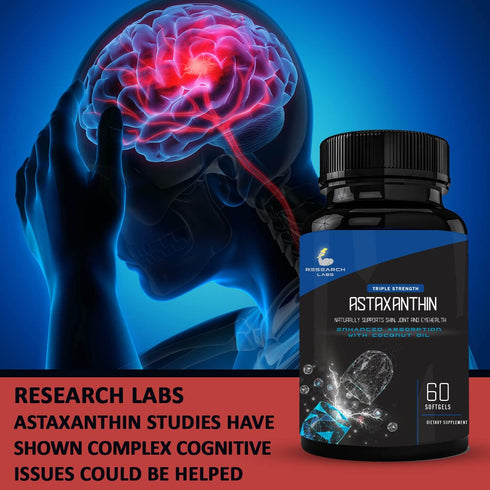 Research Labs Triple Strength Natural Astaxanthin 12mg Softgels with Organic Coconut Oil for Enhanced Absorption