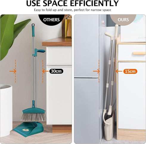 Set 1-Pack Broom and Dustpan with Long Handle, Light Weight Stainless Steel Poles Stand Upright Dustpans with Broom