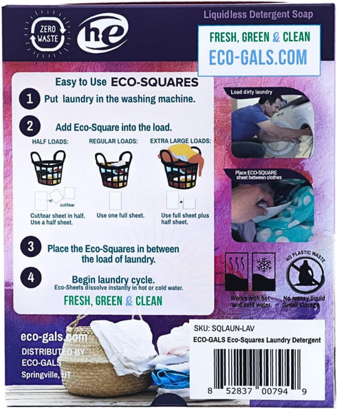 Eco-Squares Laundry Detergent Sheets, Lavender, Zero Waste Dry Soap Technology for Regular and HE Washers