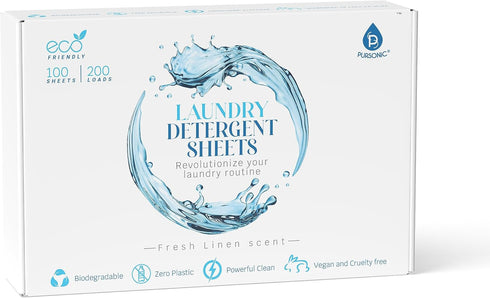 Pursonic Eco Laundry Sheets, Natural Detergent Sheets, Fresh Linen Scent, 100-Pack, Zero Plastic Travel Essentials