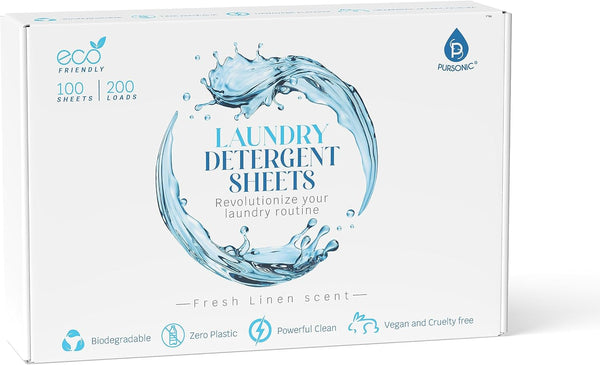 Pursonic Eco Laundry Sheets, Natural Detergent Sheets with Fresh Linen Scent, 30-Pack, Zero Plastic Travel