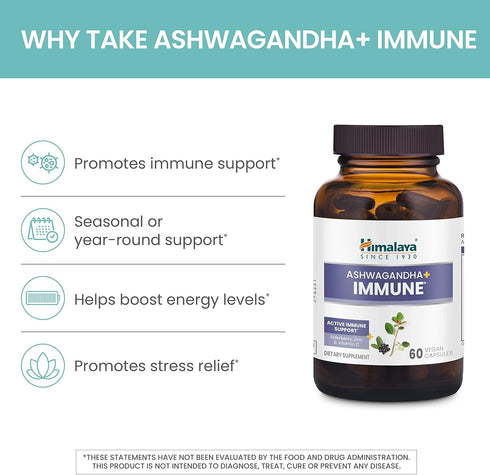Himalaya Ashwagandha+ Immune - Ashwagandha, Elderberry, Zinc & Vitamin C for Active Immune Support, 60 Capsules