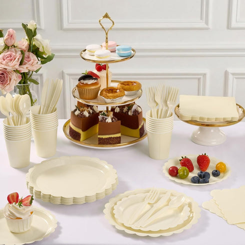 Set 350PCS (50 7"&9" 9oz Goodluck Ivory Scalloped Disposable Tableware - Guests), Plates, Cups, Napkins, Cutlery, Food