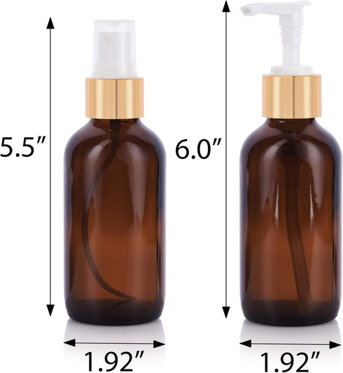 JUVITUS 4 oz Amber Glass Boston Round Bottle with Gold Metal Lotion Pump and Fine Mist Sprayer Set (4 Pack - 2 of each) + Funnel and Labels by JUVITUS
