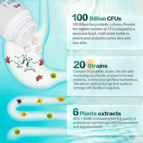 Probiotics Supplement 100 Billion CFU, 20 Strains, 2 Prebiotics & Digestive Enzymes for Gut Health, 100 Tablets.