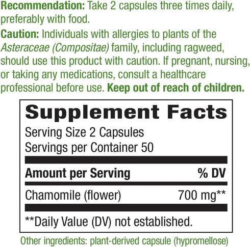 Nature's Way Chamomile Flower - 700 mg per 2-Capsule Serving- Traditional Calming Aid* - Herbal Supplement - Non-GMO Project Verified & Gluten Free - 100 Vegan Capsules