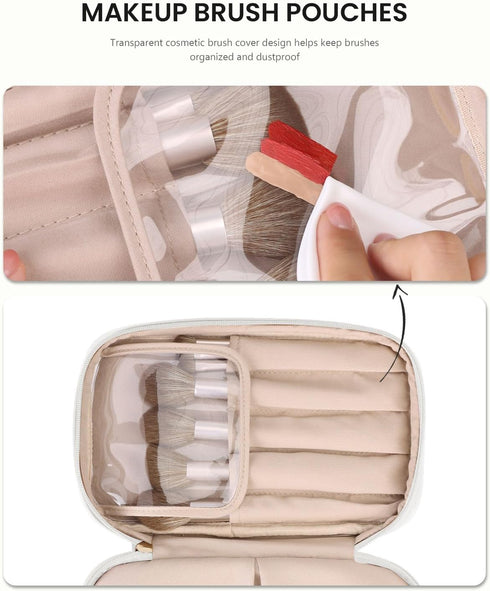 Pocmimut Leather Makeup Bag, Large Wide-open Travel Cosmetic Bag, Double Layer Toiletry Organizer Case for Brushes