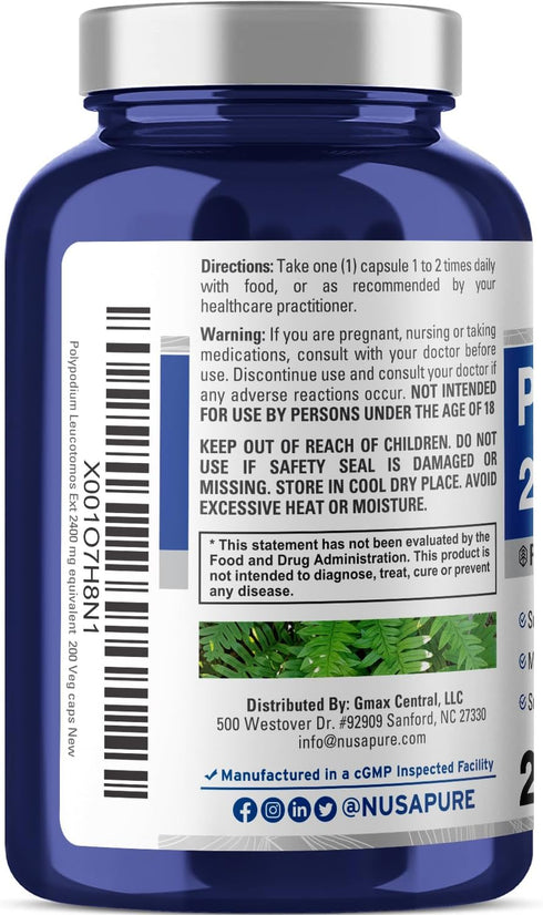 NusaPure Polypodium Leucotomos Extract 2400mg, 200 Veggie Capsules - Vegetarian, Non-GMO, Vegan