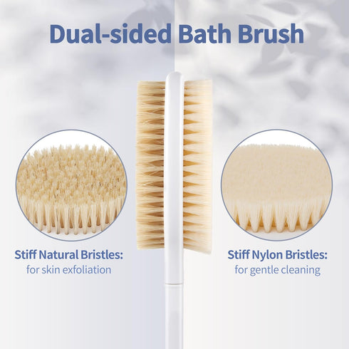 Back Scrubber Body Shower Brush with Anti Slip Long Handle, Soft and Stiff Bristles, Grey