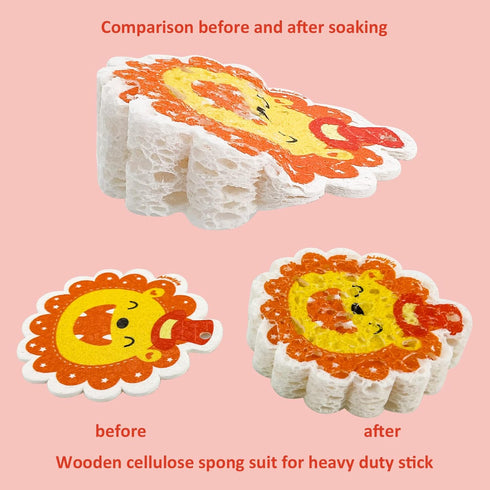 3 Pcs Compressed Wood Pulp Sponge Scrubber, Cute Cartoon Dual-Sided Reusable Dish Washing Cleaning Sponges