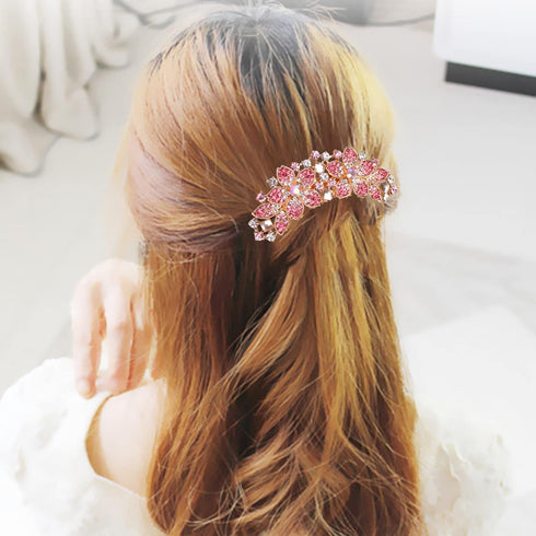 Women Pink Rhinestone Inlaid Flower Hair Comb Barrette Accessory - Perfect Mother's Day Gift for Mom