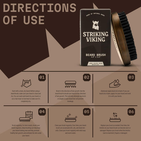 Striking Vikings Boar Bristle Beard Brush, 4.2" Ergonomic Design for Men’s Grooming & Beard Care