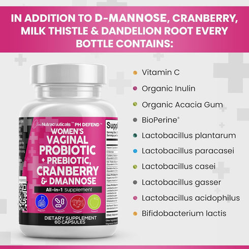 Vaginal Probiotics for Women + Prebiotics 20 Billion Cranberry Pills for Urinary Tract Health, 30 Capsules
