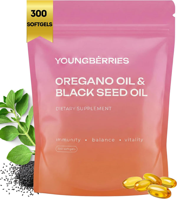 YOUNGBERRIES Oil of Oregano with Black Seed Oil Softgels | 300 Count |