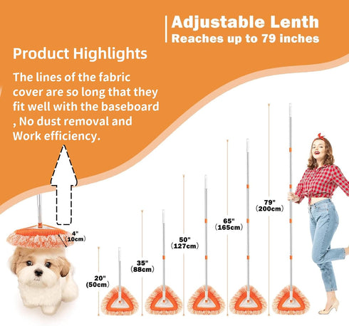 Wall Cleaner Mop Novellaire Baseboard Cleaner Tool with Handle(Extendable 20-79") 2 Reusable Wall Mop Cleaning Pads Wall Cleaner for Baseboard buddy Cleaning Ceiling Wall Floor Shower Bathroom Kitchen