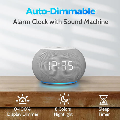 Reacher Auto-Dimmable Sound Machine Alarm Clock with Night Light, 20 Soothing Sounds, Sleep Timer