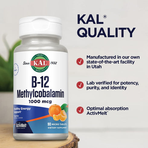KAL Vitamin B12 Methylcobalamin 1000mcg, Healthy Energy, Metabolism, Nerve & Red Blood Cell Support, 90 Servings
