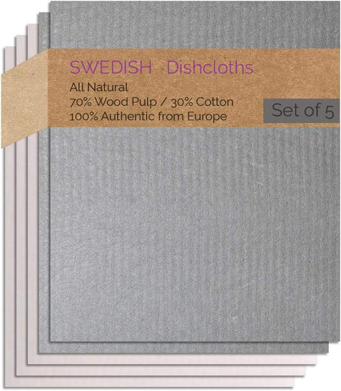 Swedish Dishcloth 5 PK, Combo GGNNN (2 Gray, 3 Natural), Eco-Friendly Reusable Absorbent Cleaning Cloths