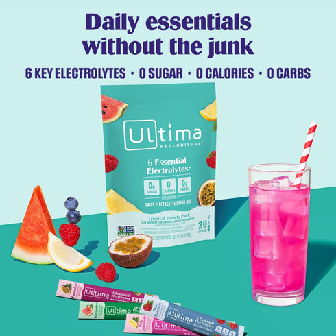 Pack, 20 Stickpacks Packets 6 Ultima Replenisher Daily Electrolyte Powder Tropical Variety Zero Sugar Hydration
