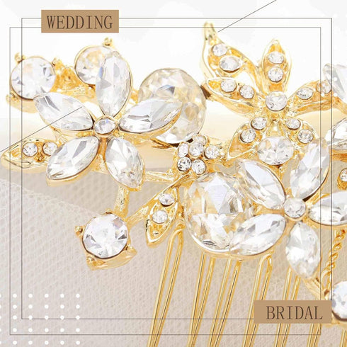 Olbye Bridal Headpiece - Rhinestone Crystal Flower Hair Comb and Clips for Brides and Women (Gold)