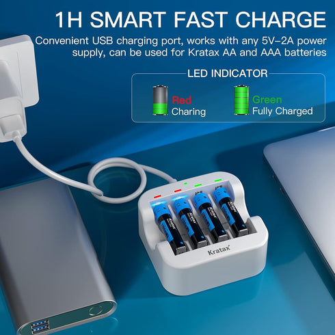 AAA Rechargeable Lithium Batteries, 4 Pack 1.5V Kratax 1100mWh Li-ion Batteries with Fast Charger
