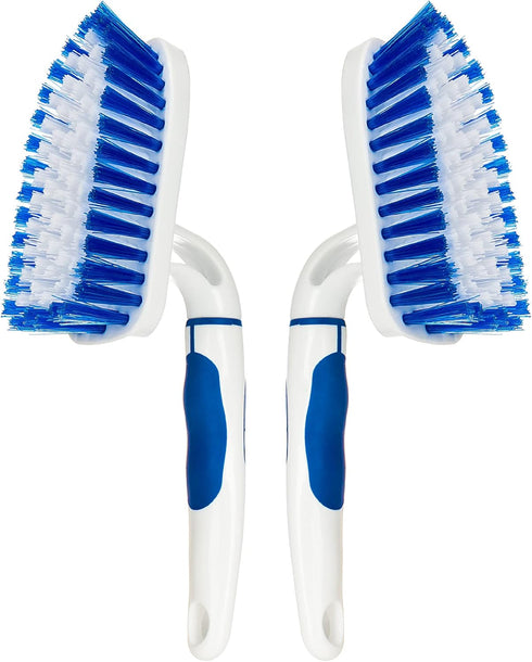 2-Pack Scrub Brush with Long Handle, Medium Firm Bathroom Cleaning Supplies for Kitchen or Carpet, White & Blue