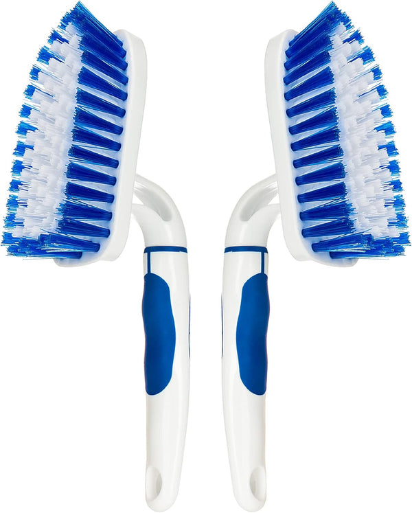 2-Pack Scrub Brush with Long Handle, Medium Firm Bathroom Cleaning Supplies for Kitchen or Carpet, White & Blue