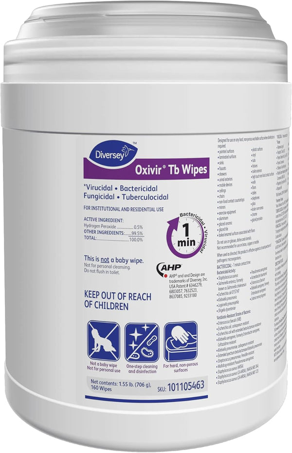 Diversey Oxivir Tb 101105463 One Step Disinfectant Cleaning Wipes, 160-Wipes, Accelerated Hydrogen Peroxide