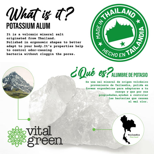 Vital Green Crystal Potassium Alum Deodorant, Unscented, 2.12oz / 60 g, For Men, Women, Athletes (1 Unit)