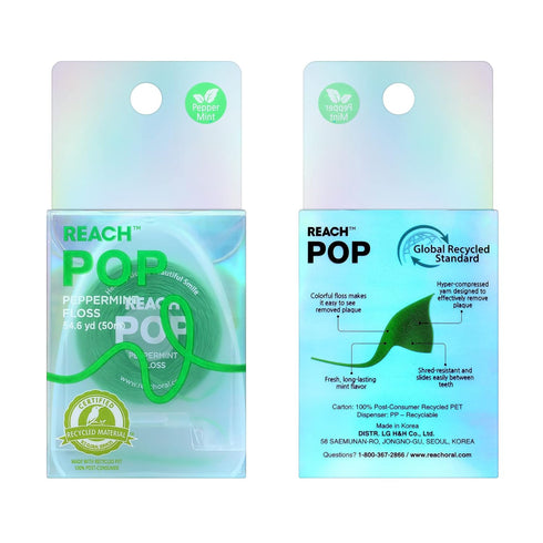 REACH POP Dental Floss, 3 Pack, Peppermint, Vegan Wax, Plaque Remover, Eco-Friendly Packaging for Adults & Kids