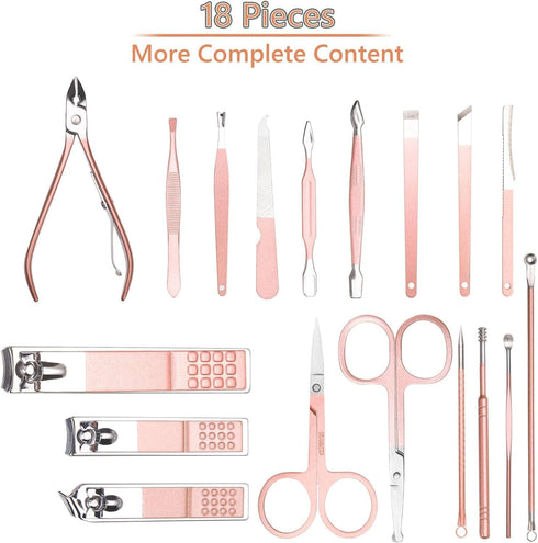 Nail Clippers for Men Women 18 In 1 Stainless Steel Nail Kit with Leather Case (Rose Gold)