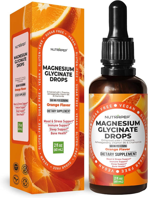 NutraPep Liquid Magnesium Glycinate Drops Supplement - 500mg Cortisol Complex with L-Theanine Ashwagandha