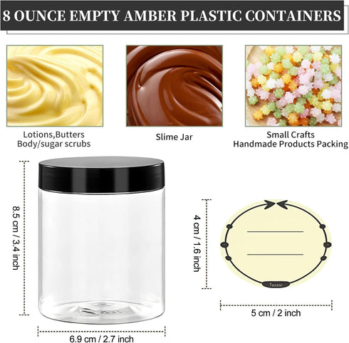TUZAZO 8 Oz Plastic Container Jars with Lids and Labels BPA Free, Empty Round Clear Cosmetic Containers Plastic Slime Jars for Lotion, Cream, Ointments, Body Butter, Makeup, Travel Storage (12 Pack) by TUZAZO