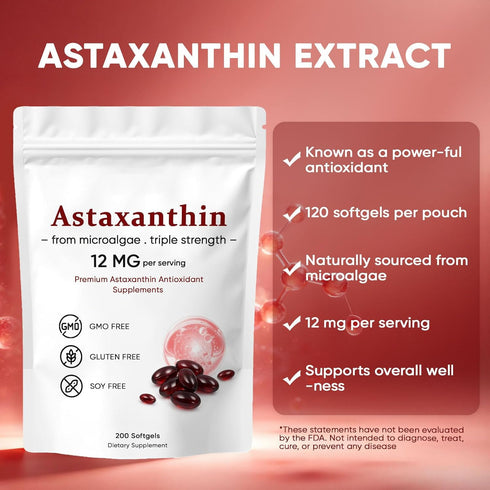 VSXAZ 12mg, Immune, 200 Aurkina Astaxanthin Premium Astaxanthin Antioxidant Supplements, Supports Eye, Skin, Joint