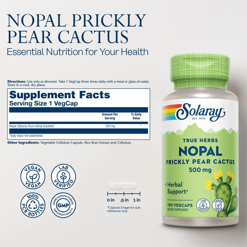 SOLARAY Nopal Prickly Pear Cactus 500 mg, with Naturally Occurring Dietary Fiber, Antioxidants, Carotenoids and Other Nutrients, Vegan, 60 Day Money Back Guarantee, 100 Servings, 100 VegCaps