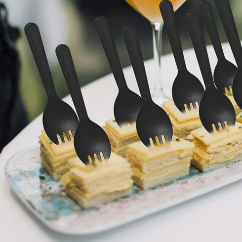 Mini Plastic Sporks Disposable, 100 Pcs Individually Wrapped Black Forks and Spoons 2 in 1 Party Supply