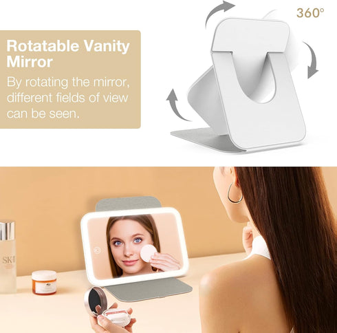 Kintion Travel Makeup Mirror, 8"*5.4" Portable LED Lighted Mirror with 360° Rotation, Touch Screen, Dimmable Lighting