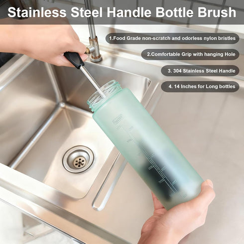 Tesdluy 2 1 Set, in Long Handle Bottle with Straw Brush Cleaner Stainless Steel Water Bottle Scrubbing Brush
