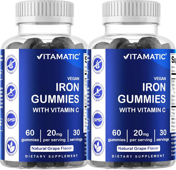 Vitamatic Iron Gummies Supplement for Women & Men - 60 Vegan Gummies with Vitamin C, 20mg Serving (Pack of 2)